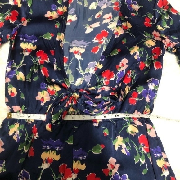 Tularosa Blue Satin Floral Tie Front V Neck Short Sleeve Romper - Picture 9 of 15